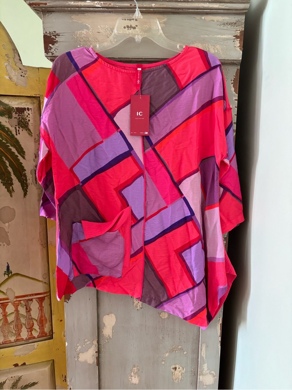 IC COLLECTION coral and Purple Geometric Tunic Top